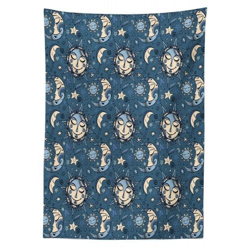  Lunarable Sun and Moon Outdoor Tablecloth, Folkloric Ethnic Ornate Night Festive Sleeping Cosmos Galaxy, Decorative Washable Picnic Table Cloth, 58 X 104 Inches, Slate Blue Pale Bl