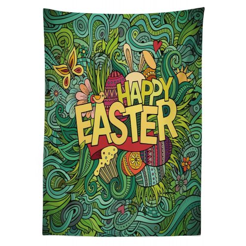  Lunarable Easter Outdoor Tablecloth, Pop Funk Art Retro Festive Phrase with Butterfly and Forest Leaf Graphic, Decorative Washable Picnic Table Cloth, 58 X 104 Inches, Green Earth