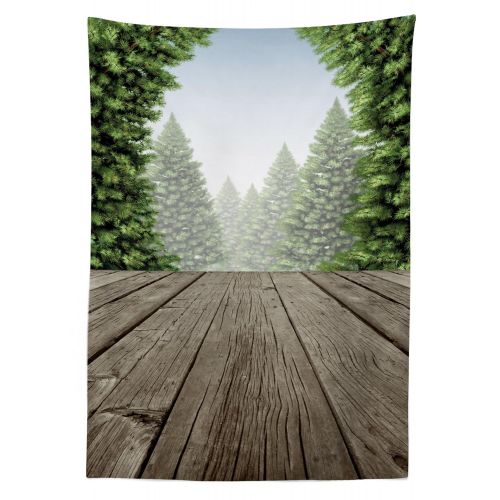  Lunarable Nature Outdoor Tablecloth, Festive Season Mother Earth Greenland Wooden Deck Woodland Environment Image, Decorative Washable Picnic Table Cloth, 58 X 104 Inches, Fern Gre