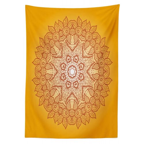  Lunarable Yellow Mandala Outdoor Tablecloth, Delicate Arabic Ethnic Mehndi Style Authentic Festive Composition, Decorative Washable Picnic Table Cloth, 58 X 104 Inches, Brown Orang