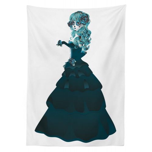  Lunarable Day of The Dead Outdoor Tablecloth, Dia de Los Muertos Festive Scary Girl Figure with Ball Dress Print, Decorative Washable Picnic Table Cloth, 58 X 120 Inches, Teal and