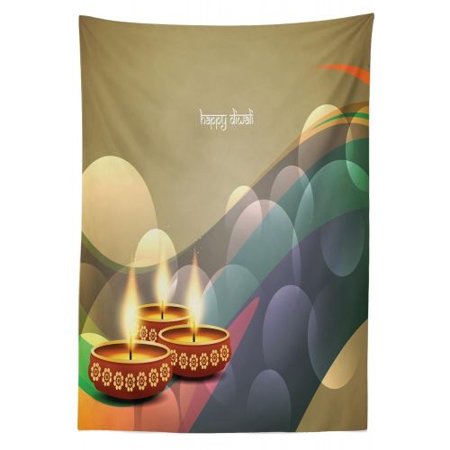  Lunarable Diwali Outdoor Tablecloth, Modern Image with Circles Waves Ethnic Festive Mark Candle Using Celebration Print, Decorative Washable Picnic Table Cloth, 58 X 120 Inches, Mu