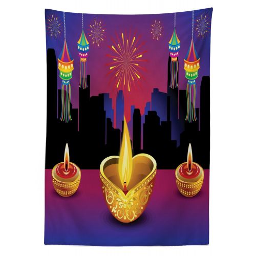  Lunarable Diwali Outdoor Tablecloth, Cartoon Like Design Ethnic Religious Festive Celebration Firework City Scenery Art, Decorative Washable Picnic Table Cloth, 58 X 104 Inches, Mu