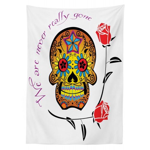  Lunarable Day of The Dead Outdoor Tablecloth, Spanish Dead Festive Skull We are Never Gone Quote Artistic Design Print, Decorative Washable Picnic Table Cloth, 58 X 104 Inches, Mul