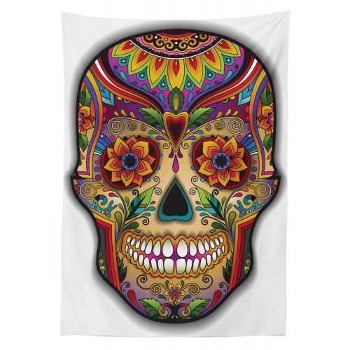  Lunarable Day of The Dead Outdoor Tablecloth, Dead Festive Celebration Spanish Skull with Ethnic Inspired Design Print, Decorative Washable Picnic Table Cloth, 58 X 84 Inches, Mult