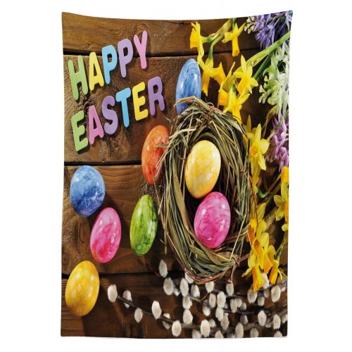  Lunarable Easter Outdoor Tablecloth, Folkloric Ancient Festive Design with Circle Eggs on Old Wood Board Picture Artwork Print, Decorative Washable Picnic Table Cloth, 58 X 120 Inc