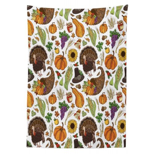  Lunarable Thanksgiving Outdoor Tablecloth, Boundless Harvest Theme Corn Grapes Pilgrims Hat Turkey Wheat Festive Food, Decorative Washable Picnic Table Cloth, 58 X 120 Inches, Mult