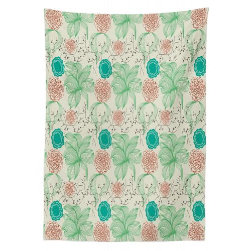  Lunarable Cream Outdoor Tablecloth, Retro Abstract Blossoms Ornate Leaves Petals Festive Funky Composition, Decorative Washable Picnic Table Cloth, 58 X 84 Inches, Turquoise Green