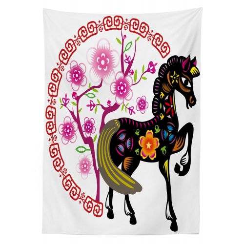  Lunarable Horse Outdoor Tablecloth, Chinese New Year Celebration Floral Horse Blooming Sakura Tree Festive Design Print, Decorative Washable Picnic Table Cloth, 58 X 84 Inches, Mul