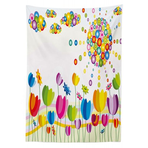  Lunarable Floral Outdoor Tablecloth, Tulip Flowers with Spiral Clouds and Bubbles Carnival Festive Celebration Kids Theme, Decorative Washable Picnic Table Cloth, 58 X 104 Inches,