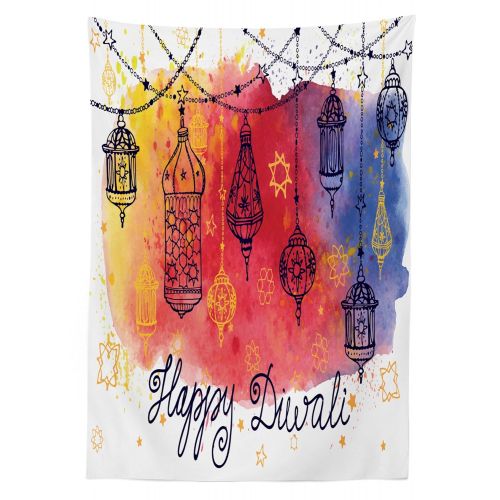  Lunarable Diwali Outdoor Tablecloth, Abstract Vivid Rainbow Colored Design with Sketchy Lanterns and Chains Festive Print, Decorative Washable Picnic Table Cloth, 58 X 84 Inches, M