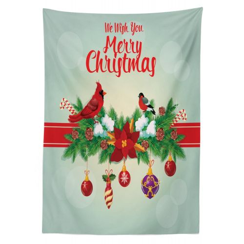  Lunarable Cardinal Outdoor Tablecloth, Festive Christmas with Hanging Baubles Garland Bullfinch Bird on Bokeh Backdrop, Decorative Washable Picnic Table Cloth, 58 X 104 Inches, Mul