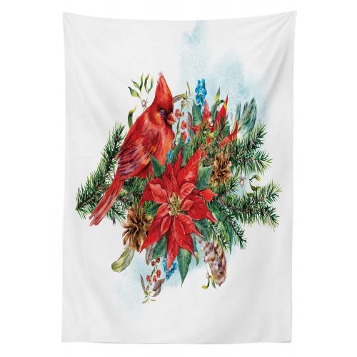  Lunarable Cardinal Outdoor Tablecloth, Christmas Themed Bird on Festive Floral Bouquet Poinsettia Pinecones and Berries, Decorative Washable Picnic Table Cloth, 58 X 120 Inches, Mu