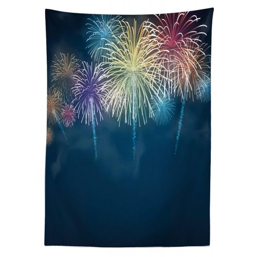  Lunarable Fireworks Outdoor Tablecloth, Night Sky Background Vibrant Festive Color Fireworks Special Event, Decorative Washable Picnic Table Cloth, 58 X 104 Inches, Night Blue and