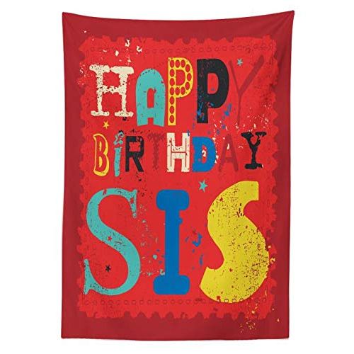  Lunarable Sister Outdoor Tablecloth, Happy Birthday Sis Quote with Warm Toned Grunge Ornamental Festive Party Design, Decorative Washable Picnic Table Cloth, 58 X 104 Inches, Multi