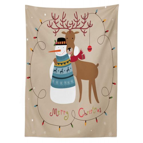  Lunarable Merry Christmas Outdoor Tablecloth, Xmas Themed Background with Snowman and Reindeer Merry Illustration, Decorative Washable Picnic Table Cloth, 58 X 120, Multicolor