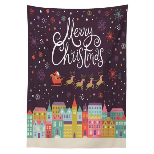  Lunarable Merry Christmas Outdoor Tablecloth, Colorful Xmas Festive Vivid Town Santa Sleigh and Deer in Sky Illustration, Decorative Washable Picnic Table Cloth, 58 X 120 Inches, M