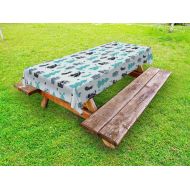 Lunarable Christmas Outdoor Tablecloth, Stocking Present Boxes Xmas Tree Bells Festive, Decorative Washable Picnic Table Cloth, 58 X 84 Inches, Dark Seafoam Slate Blue and Charcoal