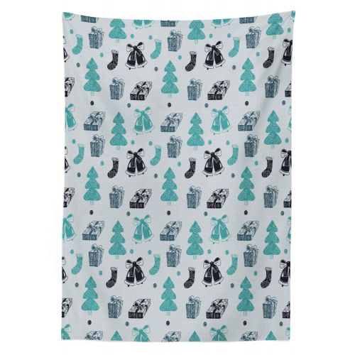  Lunarable Christmas Outdoor Tablecloth, Stocking Present Boxes Xmas Tree Bells Festive, Decorative Washable Picnic Table Cloth, 58 X 84 Inches, Dark Seafoam Slate Blue and Charcoal