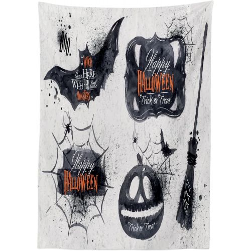  Lunarable Vintage Halloween Outdoor Tablecloth, Halloween Happy Holiday Witch Lives Here Broomstick Spider Web, Decorative Washable Picnic Table Cloth, 58 X 84, Black White