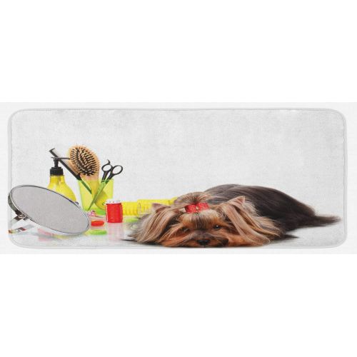  Lunarable Dog Lover Kitchen Mat, Cute Yorkshire Terrier with Grooming Items Haircut Scissors Mirror Comb Print, Plush Decorative Kitchen Mat with Non Slip Backing, 47 W X 19 L Inch