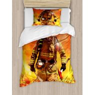 Lunarable Fireman Duvet Cover Set, Firefighter in a Building on Fire Searching for Survivors Emergency Services, Decorative 2 Piece Bedding Set with 1 Pillow Sham, Twin Size, Red O