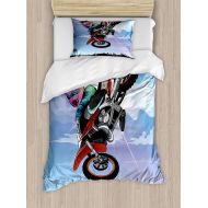 Lunarable Dirt Bike Duvet Cover Set Twin Size, Cartoon Motocross Rider Boy Making an Artistic Move in The Air Competitive Sports, Decorative 2 Piece Bedding Set with 1 Pillow Sham,