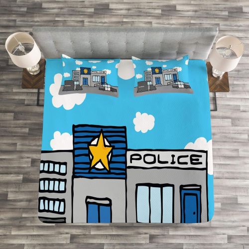  Lunarable Police Bedspread Set Queen Size, Cartoon Police Station with Vehicles and Cloudy Sky Kids Boys Nursery, Decorative Quilted 3 Piece Coverlet Set with 2 Pillow Shams, Grey