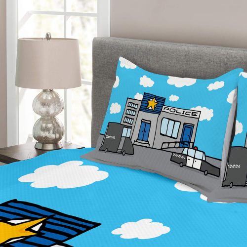  Lunarable Police Bedspread Set Queen Size, Cartoon Police Station with Vehicles and Cloudy Sky Kids Boys Nursery, Decorative Quilted 3 Piece Coverlet Set with 2 Pillow Shams, Grey