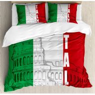 Lunarable Italian Flag Duvet Cover Set, Roma Landmark Colosseum Heritage Cityscape Civilization Image, Decorative 3 Piece Bedding Set with 2 Pillow Shams, Queen Size, Green Grey