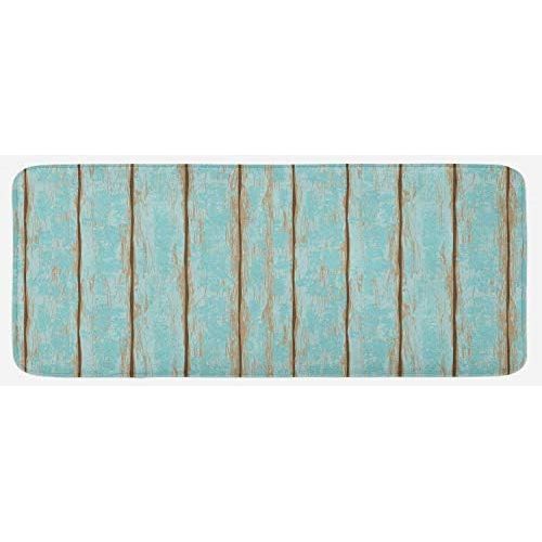  Lunarable Wood Print Kitchen Mat, Old Fashioned Weathered Rustic Planks Summer Cottage Beach Coastal Theme, Plush Decorative Kitchen Mat with Non Slip Backing, 47 X 19, Blue Tan