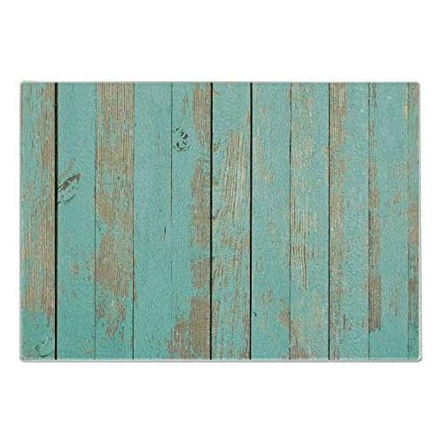  Lunarable Aqua Cutting Board, Worn out Wooden Planks Faded Paint Marks Vintage Grunge Hardwood Image Rustic Design, Decorative Tempered Glass Cutting and Serving Board, Small Size,