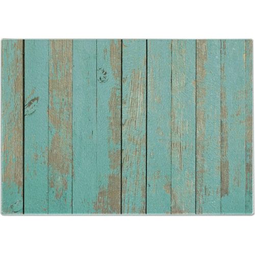  Lunarable Aqua Cutting Board, Worn out Wooden Planks Faded Paint Marks Vintage Grunge Hardwood Image Rustic Design, Decorative Tempered Glass Cutting and Serving Board, Small Size,