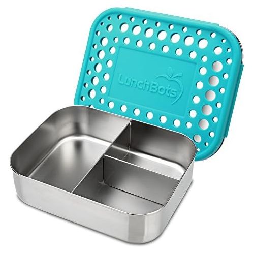  [아마존베스트]LunchBots Medium Trio II Snack Container - Divided Stainless Steel Food Container - Three Sections for Snacks On the Go - Eco-Friendly, Dishwasher Safe, BPA-Free - Stainless Lid -