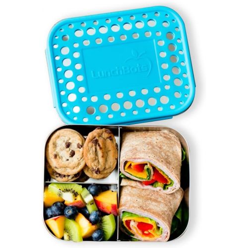  [아마존베스트]LunchBots Medium Trio II Snack Container - Divided Stainless Steel Food Container - Three Sections for Snacks On the Go - Eco-Friendly, Dishwasher Safe, BPA-Free - Stainless Lid -