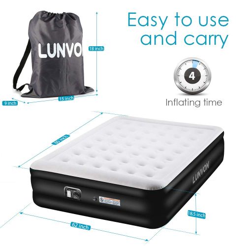  Lunvon Queen Air Mattress Guest Durable Inflatable Airbed Blow Up Elevated Raised Air Bed with Built-in Electric Air Pump, Storage Bad and Repair Patches Included, Height 18.5 inch