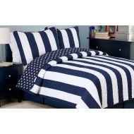 Lush Cozy Line Home Fashions Sailor Popeye s Bedding Quilt Set, Nautical Navy Blue White Star Striped Pattern Printed 100% Cotton Reversible Coverlet Bedspread for Kids Boy(Sailor Star,