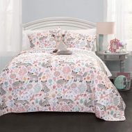 Lush 3 Piece Girls White Grey Cute Fox Quilt Twin Set, Pretty Girly All Over Flower Heart Bedding, Adorable Foxy Wild Animal Flowers Themed, Fun Multi Floral Bird Hearts Pattern, Gray L