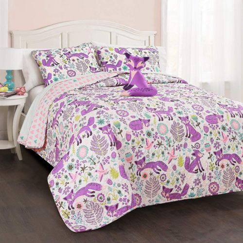  Lush 3 Piece Girls White Grey Cute Fox Quilt Twin Set, Pretty Girly All Over Flower Heart Bedding, Adorable Foxy Wild Animal Flowers Themed, Fun Multi Floral Bird Hearts Pattern, Gray L