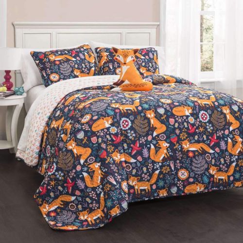  Lush 3 Piece Girls White Grey Cute Fox Quilt Twin Set, Pretty Girly All Over Flower Heart Bedding, Adorable Foxy Wild Animal Flowers Themed, Fun Multi Floral Bird Hearts Pattern, Gray L