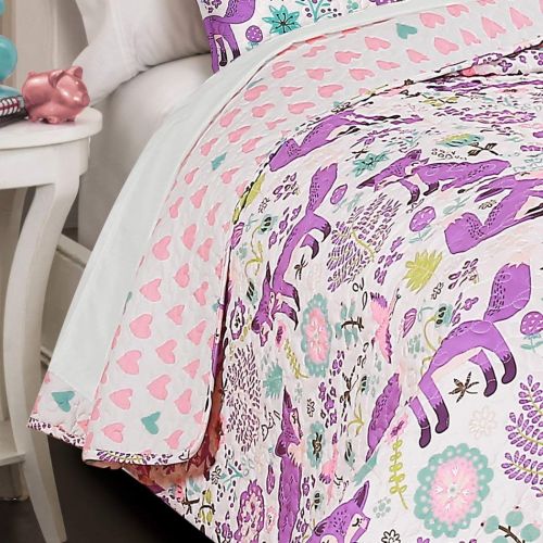  Lush 3 Piece Girls White Grey Cute Fox Quilt Twin Set, Pretty Girly All Over Flower Heart Bedding, Adorable Foxy Wild Animal Flowers Themed, Fun Multi Floral Bird Hearts Pattern, Gray L