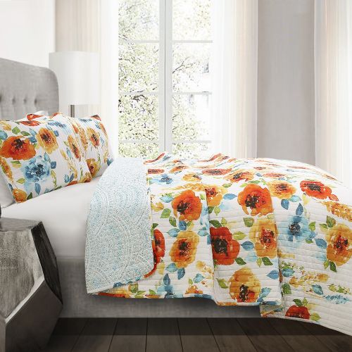  Lush Decor Percy Bloom Quilt TangerineBlue 3Pc Set King