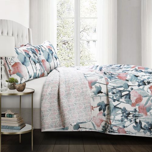  Lush Decor Zuri Flora Quilt BlueCoral 3Pc Set King