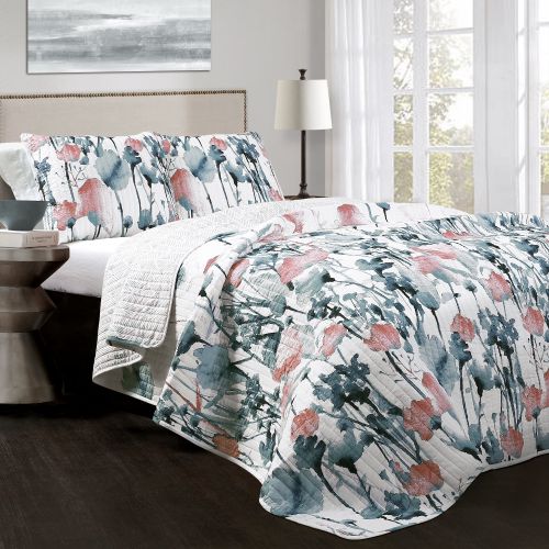  Lush Decor Zuri Flora Quilt BlueCoral 3Pc Set King