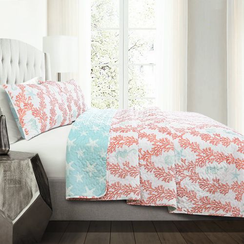  Lush Decor Dina Coral BlueCoral Quilt BlueCoral 3Pc Set Full Queen