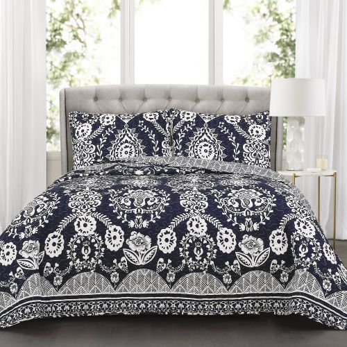  Lush Decor Rosetta Floral Quilt Navy 3Pc Set Full Queen