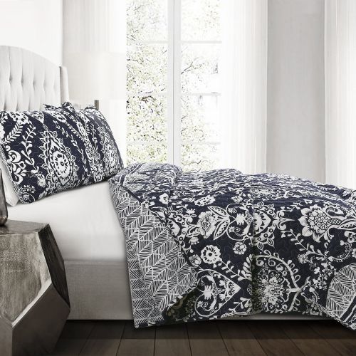  Lush Decor Rosetta Floral Quilt Navy 3Pc Set King