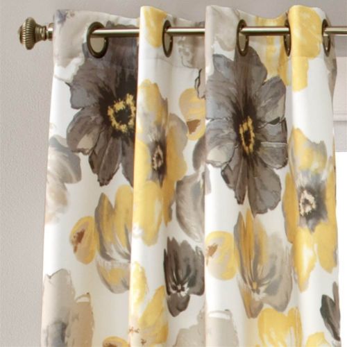  Lush Decor Leah Floral Darkening Yellow and Gray Window Curtain Panel Set for Living, Dining Room, Bedroom (Pair), 84 L