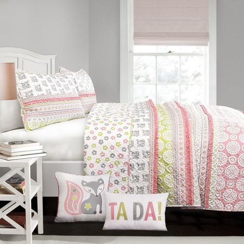  Lush Decor 5 Piece Fox Ruffle Stripe Quilt Set, Full/Queen, Pink & Gray