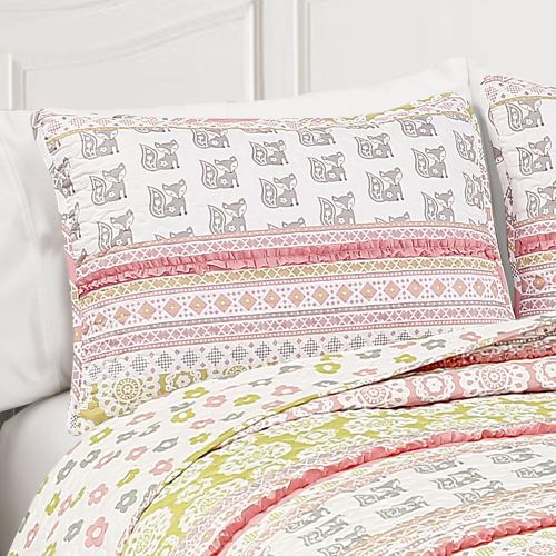  Lush Decor 5 Piece Fox Ruffle Stripe Quilt Set, Full/Queen, Pink & Gray